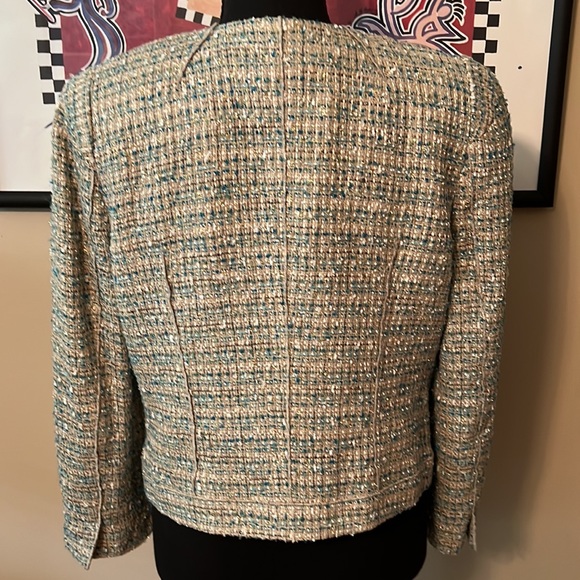Ann Taylor cropped jacket. Colors of tan, turquoise, white and gold metallic - Picture 2 of 2